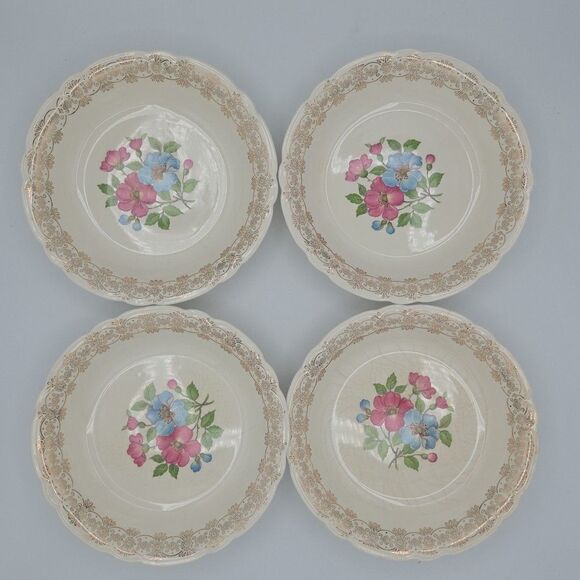 French Saxon China 22k Blossomtime 7.5 Inch Diameter Gold Bowls Set Of 4 Set 1 - Picture 1 of 10
